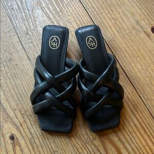 ASH Women's Black Mina Puff Leather Square Toe Sandal Kitten Heel